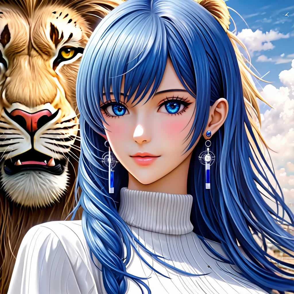 a woman with blue hair and earrings standing next to a lion, detailed digital anime art, portrait knights of zodiac girl, digital anime illustration, detailed anime character art, anime style illustration, stunning art style, trending on artstration, detailed fanart, highly detailed exquisite fanart, anime illustration, beautiful anime art style, anime style 4 k, striking detailed artstyle