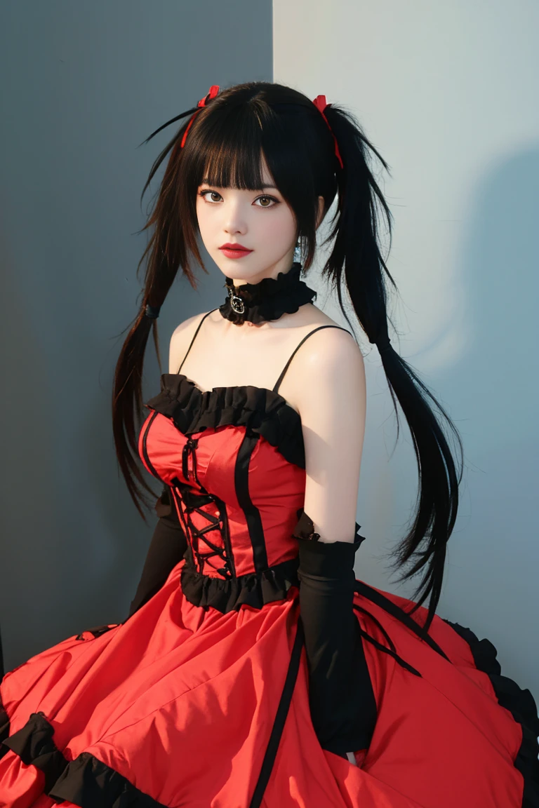ulzzang-6500-v1.1,(raw photo:1.2),((photorealistic:1.30)), ((best quality)) ,((masterpiece)),((Ultra High Resolution)), ((Clear View)),,Ultra-high resolution,Clear face,(Reality:1.4) , illustration, an extremely delicate and beautiful, extremely detailed ,CG ,unity ,8k wallpaper, Amazing, finely detail, masterpiece,best quality,official art,extremely detailed CG unity 8k wallpaper,absurdres, incredibly absurdres, huge filesize, ultra-detailed, highres, extremely detailed,beautiful detailed girl, extremely detailed eyes and face, beautiful detailed eyes,light on face,cinematic lighting, kurumi tokisaki astral dress, (tokisaki kurumi:1.2), long hair, black hair, (red eyes:1.3), (twintails:1.5), (yellow eyes:1.3), hairband, (heterochromia:1.5), dress, (red dress:1.5), bare shoulders, collarbone, choker, bowtie, red bowtie, detached sleeves, corset, frills,