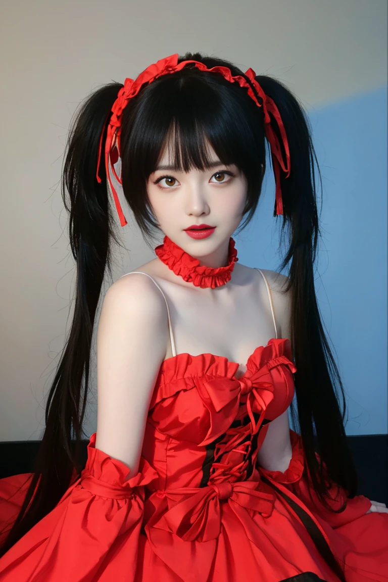 ulzzang-6500-v1.1,(raw photo:1.2),((photorealistic:1.30)), ((best quality)) ,((masterpiece)),((Ultra High Resolution)), ((Clear View)),,Ultra-high resolution,Clear face,(Reality:1.4) , illustration, an extremely delicate and beautiful, extremely detailed ,CG ,unity ,8k wallpaper, Amazing, finely detail, masterpiece,best quality,official art,extremely detailed CG unity 8k wallpaper,absurdres, incredibly absurdres, huge filesize, ultra-detailed, highres, extremely detailed,beautiful detailed girl, extremely detailed eyes and face, beautiful detailed eyes,light on face,cinematic lighting, kurumi tokisaki astral dress, (tokisaki kurumi:1.2), long hair, black hair, (red eyes:1.3), (twintails:1.5), (yellow eyes:1.3), hairband, (heterochromia:1.5), dress, (red dress:1.5), bare shoulders, collarbone, choker, bowtie, red bowtie, detached sleeves, corset, frills,