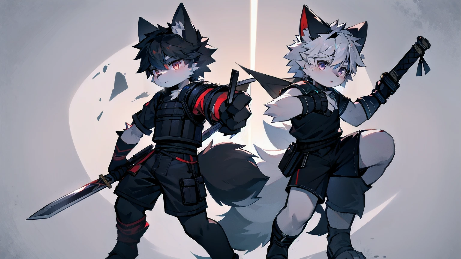 White Wolf，black hair，Red eyes，Wolf ears，Wolf Tail，juvenile，male，hairy，Hair，Half body armor，Combat uniform，Silver and black clothing，Handsome，Handsome，shorts，The forearm is exposed，leg，Fighting Stance，Duel，Two people，Anxious，Armed with a sword，Simple background，Swords