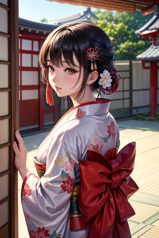 (Highest quality,8k,High resolution,masterpiece:1.2),((masterpiece,Highest quality)), 非常に詳細なHigh resolution, ((Body facing forward)),(Highly detailed skin and facial textures:1.3), (Ultra detailed face),(Detailed arms),(Beautiful attention to detail),(Beautiful lip detail),arafed woman In kimono standing in a doorway, wearing a haori, Wearing a kimono, facing forward, wear Kimono, Japanese women, In kimono, Traditional Japanese, In kimono, 皇室のwear Kimono, Wearing a colorful yukata, Japanese Kimono, 虹色のwear Kimono, elegant Japanese women, Portrait of a Japanese girl, Photographic portrait of a geisha, Japanese style