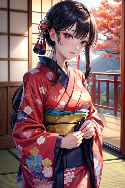 (Highest quality,8k,High resolution,masterpiece:1.2),((masterpiece,Highest quality)), 非常に詳細なHigh resolution, ((Body facing forward)),(Highly detailed skin and facial textures:1.3), (Ultra detailed face),(Detailed arms),(Beautiful attention to detail),(Beautiful lip detail),arafed woman In kimono standing in a doorway, wearing a haori, Wearing a kimono, facing forward, wear Kimono, Japanese women, In kimono, Traditional Japanese, In kimono, 皇室のwear Kimono, Wearing a colorful yukata, Japanese Kimono, 虹色のwear Kimono, elegant Japanese women, Portrait of a Japanese girl, Photographic portrait of a geisha, Japanese style