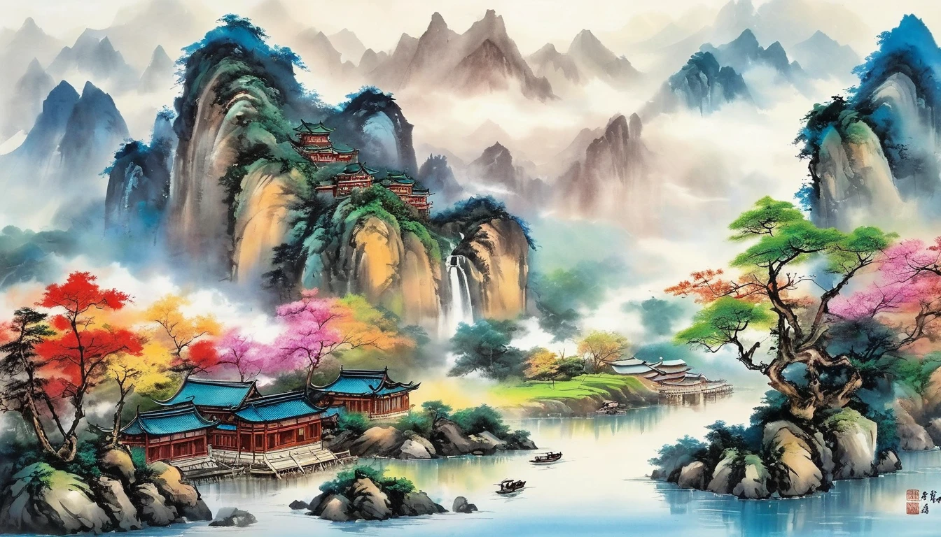 Highest quality,8K,Ultra Clear,Kimman.and, river,There is a boat in the water,There is an island on top of the mountain, Ink Painting, Chinese style,
