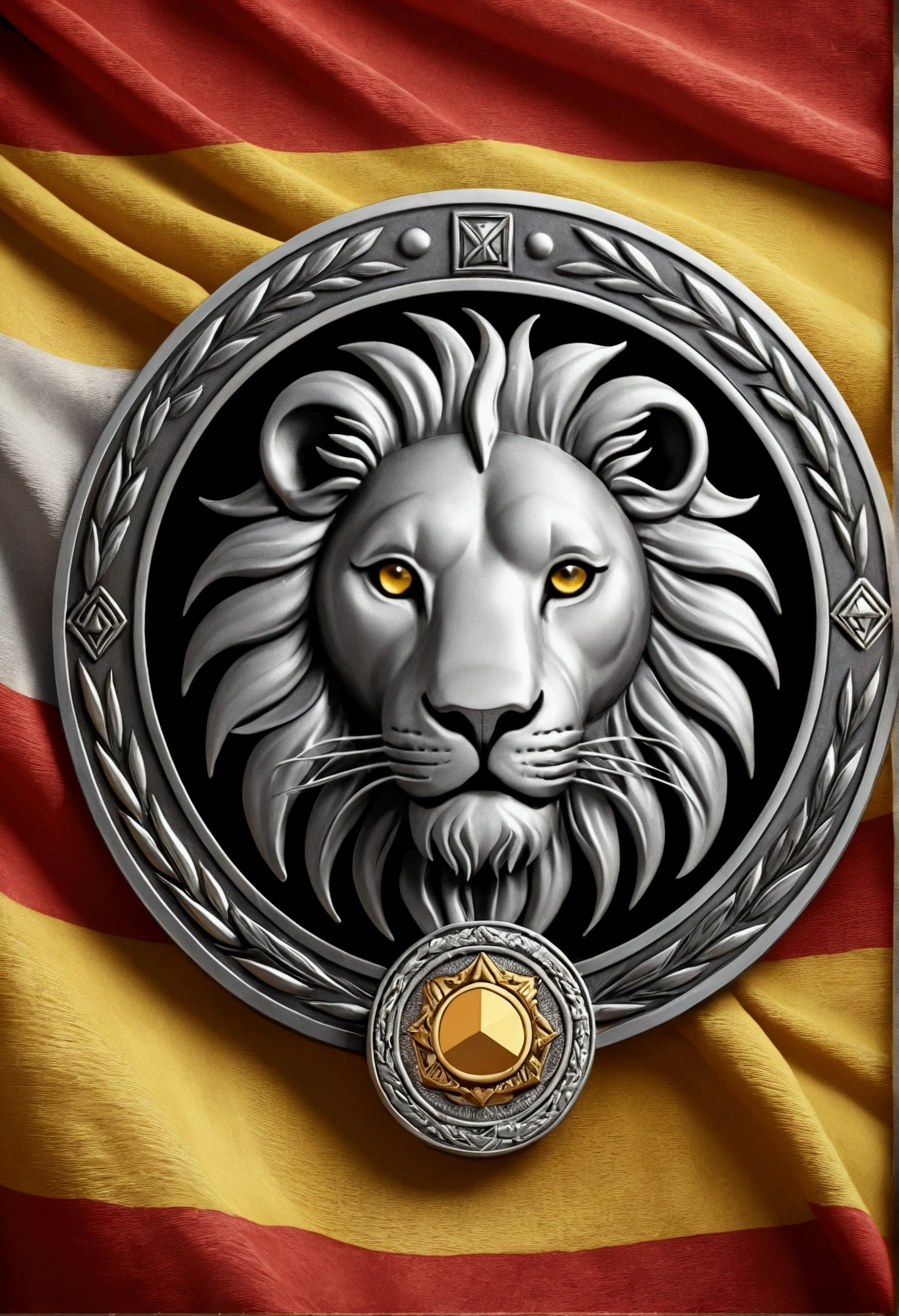 (Game achievement emblem design),Silver medal,Flat 2D effects,Wheat ears,(in the center flag of the tribe of Judah from the Bible、There is an icon of a lion inside the flag, below the icon there is the name " JUDAH" )