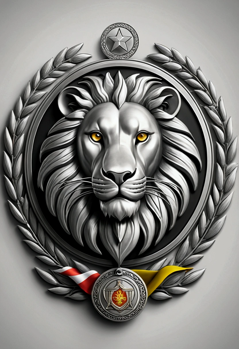 （Game achievement emblem design），Silver medal，Flat 2D effects，Wheat ears，(in the center flag of the tribe of Judah from the Bible、There is an icon of a lion inside the flag, below the icon there is the name " JUDAH" )