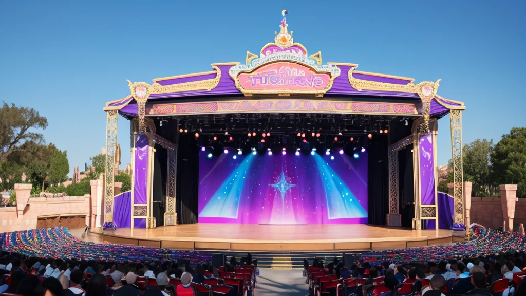 An empty Disneyland-style outdoor show stage during the day。The stage background features colorful musical scores.