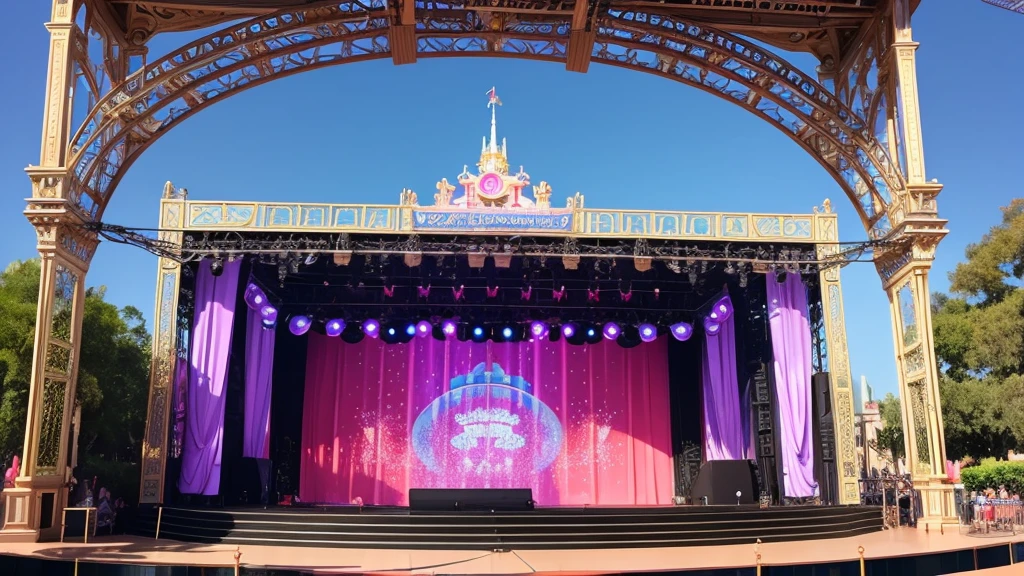 An empty Disneyland-style outdoor show stage during the day。The stage background features colorful musical scores.