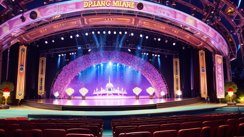 An empty Disneyland-style outdoor show stage during the day。The stage background features colorful musical scores.