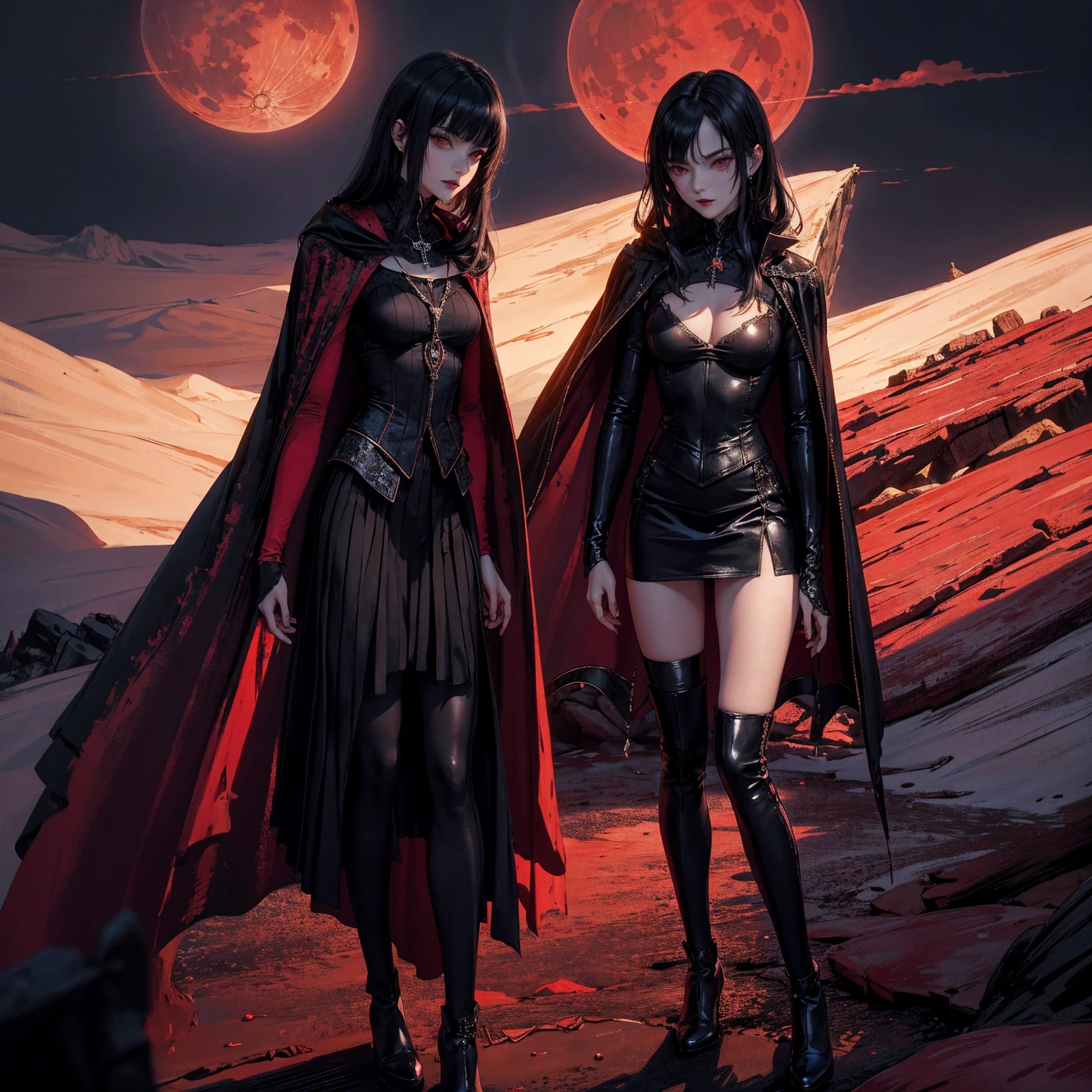 best quality, 4K, high resolution, masterpiece:1.2, Very detailed, actual:1.37, Mood lighting, Girl in a long cape, Wearing a reflective latex skirt that shows a little skin above the chest, reflective rubber bra, Dangerous sneer, Black Hair, Standing, Facing the camera, Crucified, Pitch black sky, Blood-red moon, strange atmosphere, Gothic style, Unforgettable beauty, Dramatic shadows, Ethereal Light, Mysterious atmosphere.