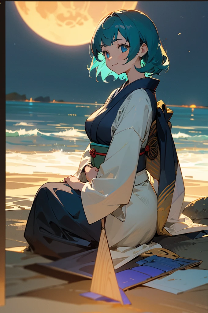 masterpiece, best quality, ultra detailed, outside, rocky beach in the sea, a girl, samurai, a kitty, happy, smiling, sitting on the floor, looking away,medium hair, curly, aqua hair, odd eyes, droopy eyes, pale skin, , beautiful breasts, indigo color kimono, with a perfect circle of full moon , in the evening, nostalgic atmosphere, cel anime, full body shot, on right, from behind, golden ratio, golden hour, directional light, in focus with blurred background, Dark_Indigo