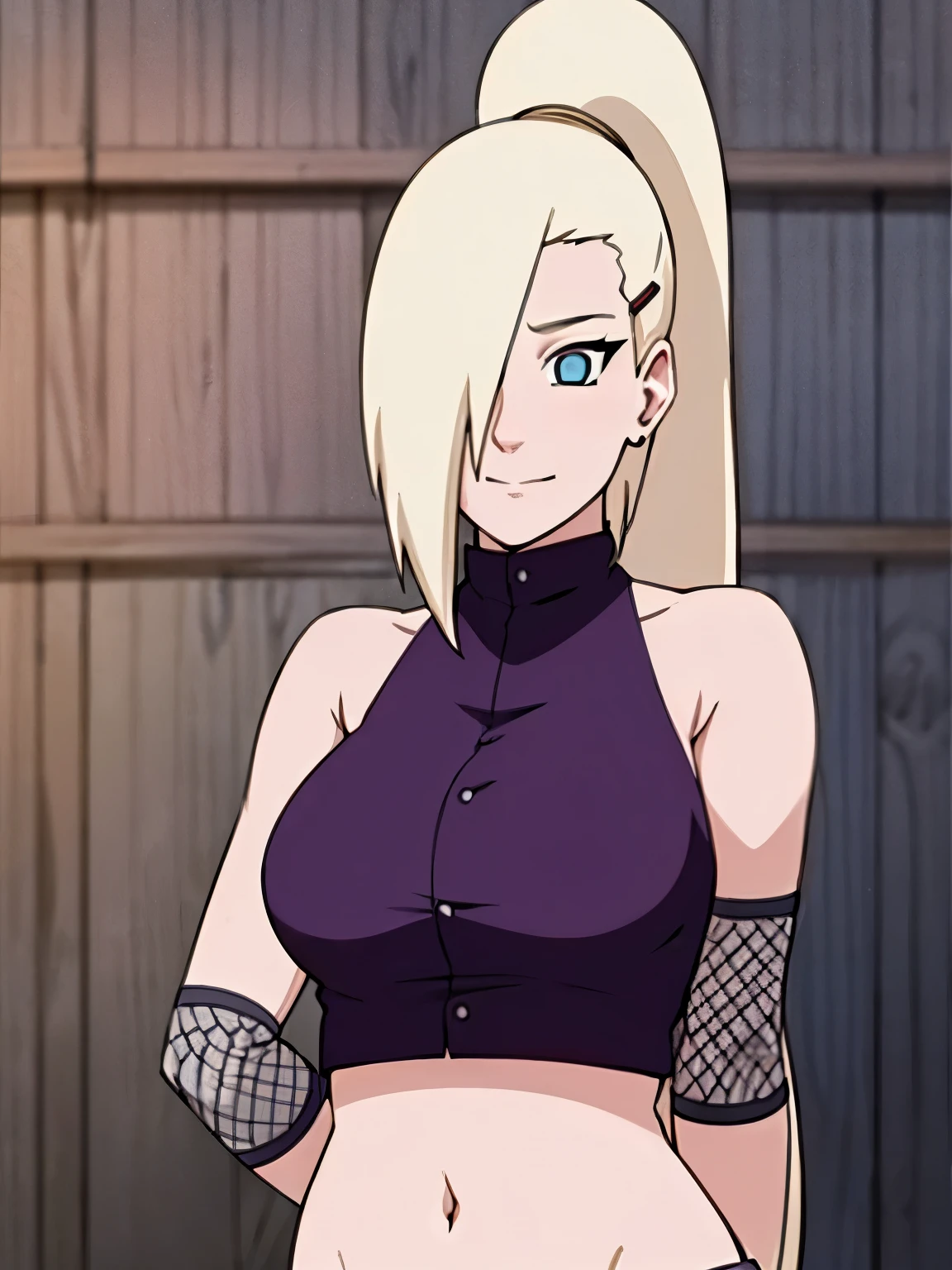 (Purple clothes), Ino yamanaka, (ultra detailed face:1.4), ultra detailed hair, looking at the viewer, (biceps:0.5), (hands behind back:1.5), bare shoulders, (ultra detailed arms:1.2), groin, cowboy shot, ultra detailed face, (ultra detailed body:1.3), sunny day, day time, shiny skin, upper body view, anime style, solo, detailed flower field, blonde, (focus on body), ((one eye covered with hair, hair over eye, ponytail)), (medium breasts:1.0), belly button, looking at the viewer, thick arms, (off-shoulders, wide shoulders, curving body), hidden eye, smile, closed mouth, one hair clip, very happy, tall, sharp look, sharp face, sharp eye, cold colors,