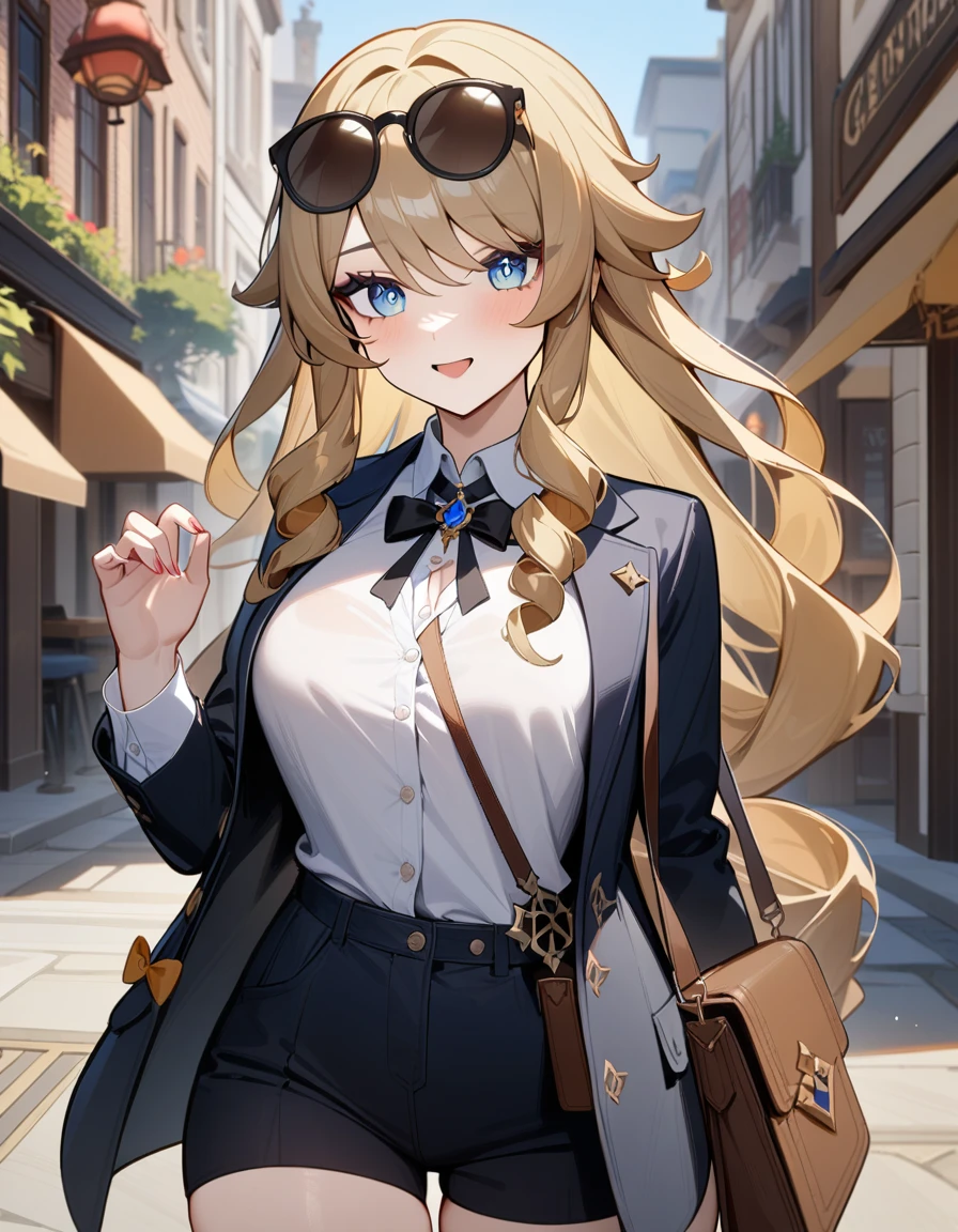 1girl, navia \(genshin impact\), genshin impact,secretary,sun glasses, suit,cool,city street,masterpiece,very aesthetic,newest,sensitive