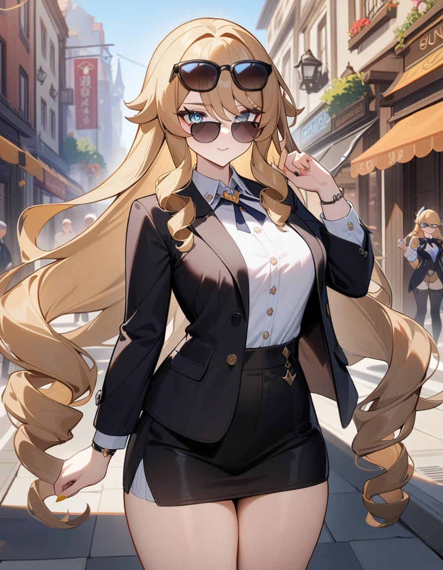 1girl, navia \(genshin impact\), genshin impact,secretary,sun glasses, suit,cool,city street,masterpiece,very aesthetic,newest,sensitive