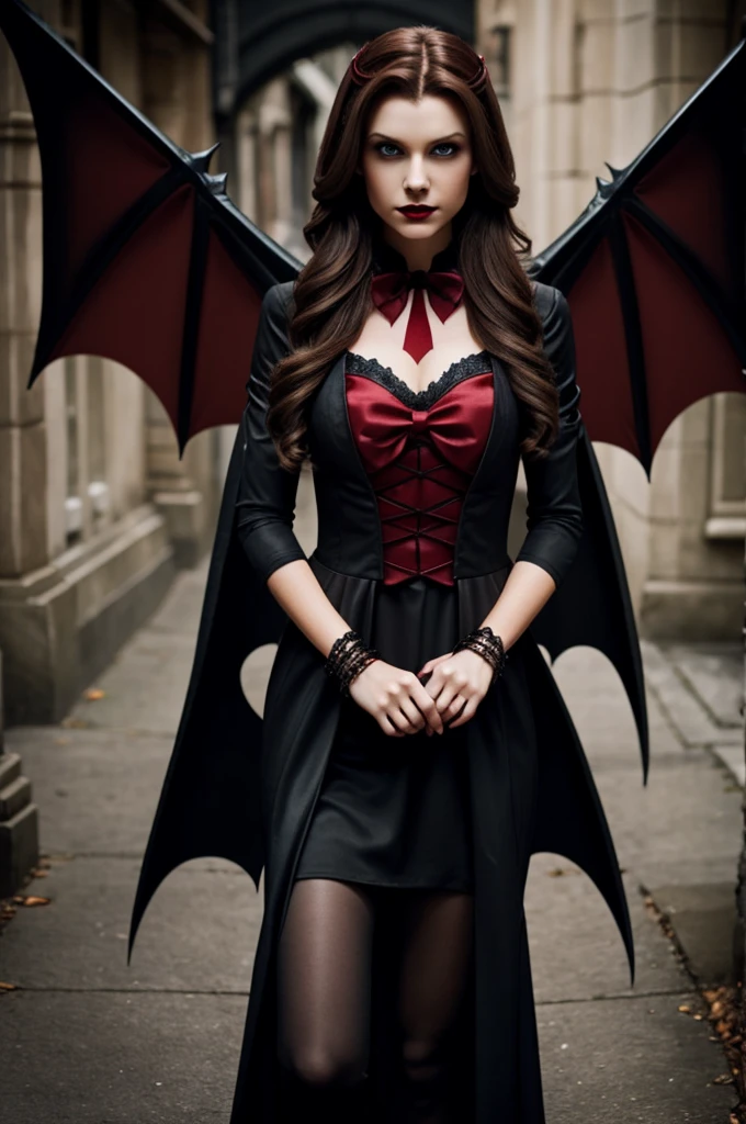 Create a vampire count with medium brown hair, red eyes, dark colored clothing and bat wings as an accessory.
