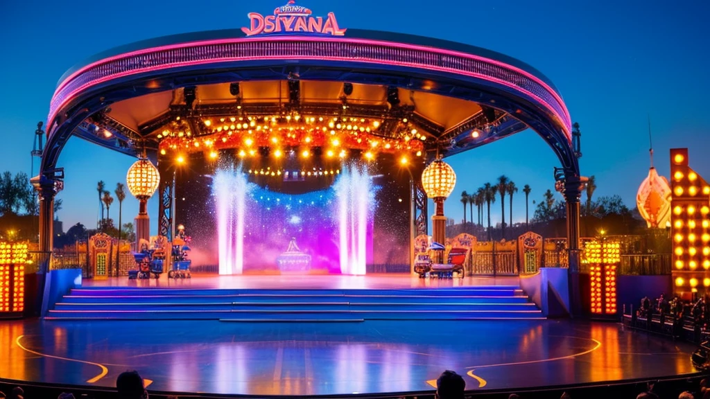 An empty Disneyland-style outdoor show stage during the day。The stage background features colorful musical scores.