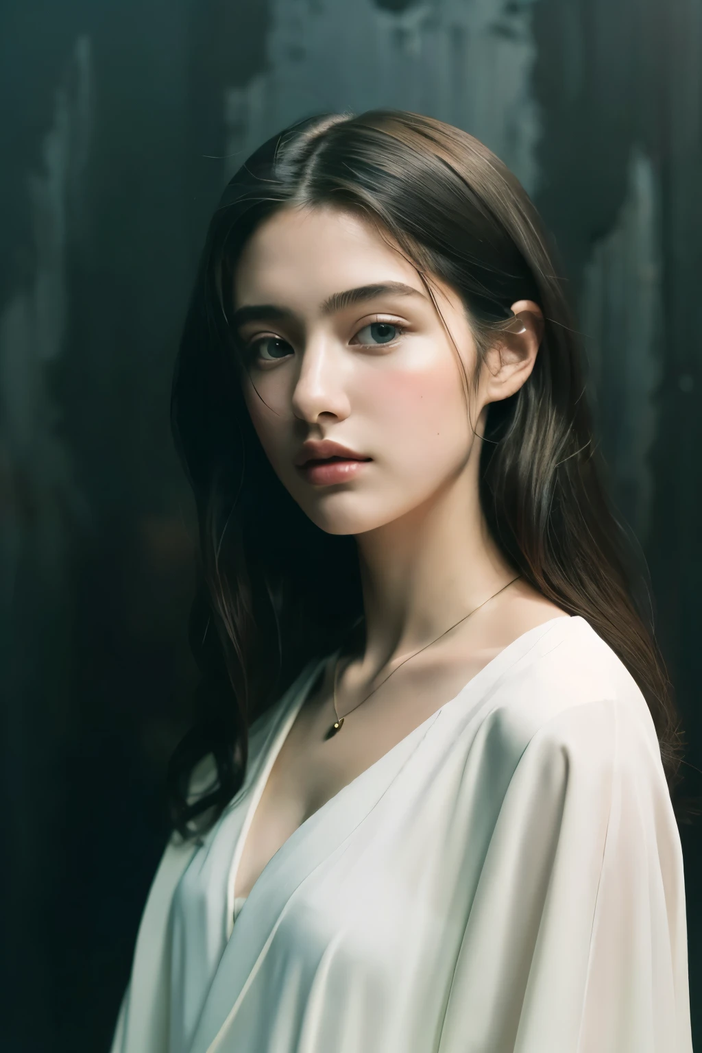 ( masterpiece, Top quality, best quality,8K, girl,Extremely detailed,RAW photos:1.5),(Reality:1.4), (Movie Lighting), PerfectNwsjMajic, , Surrealism, Ultra HD, precise, Super Detail, Textured Skin, High Detail, best quality, Dynamic Angle, White skin,[Beautiful blue eyes], high nose,[flat chest:Large Breasts:0.5],(1 Girl),(Good anatomy:0.5)), Dreamy atmosphere, dark,Expressive brushstrokes, Mysterious atmosphere, Artistic Interpretation, Stunning Studio Ghibli style costumes, A whimsical illustration, Subtle colors and tones, Mysterious atmosphere, Jewelry ,shiny,Loose hair , White suit 