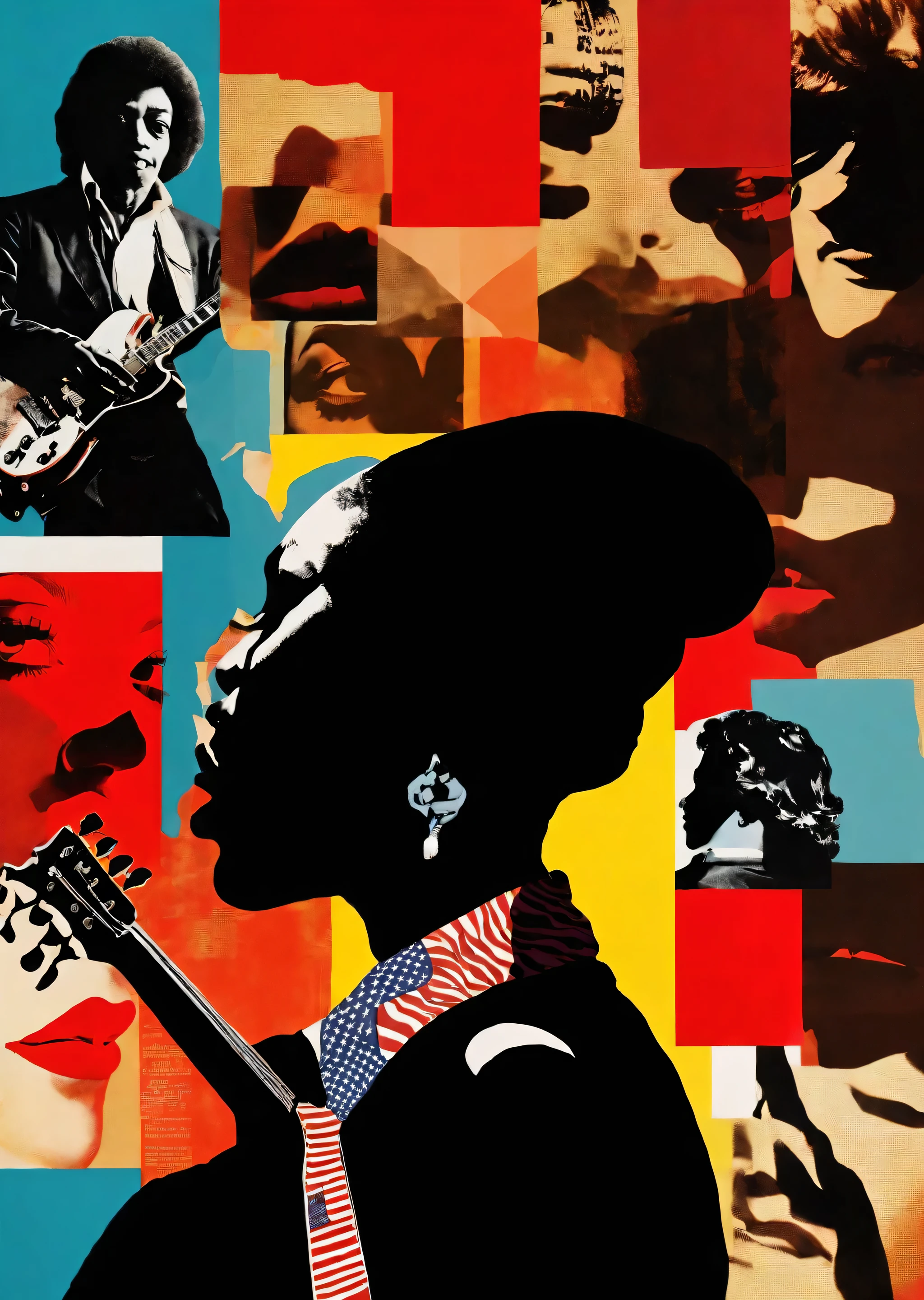 1人のBlackギタリスト、Jimi Hendrick、Shadow silhouette、
Karl Kleiner Barbara Kruger Summary, Black、American, collage, Digital, graphic design, Pop Art, Portraiture