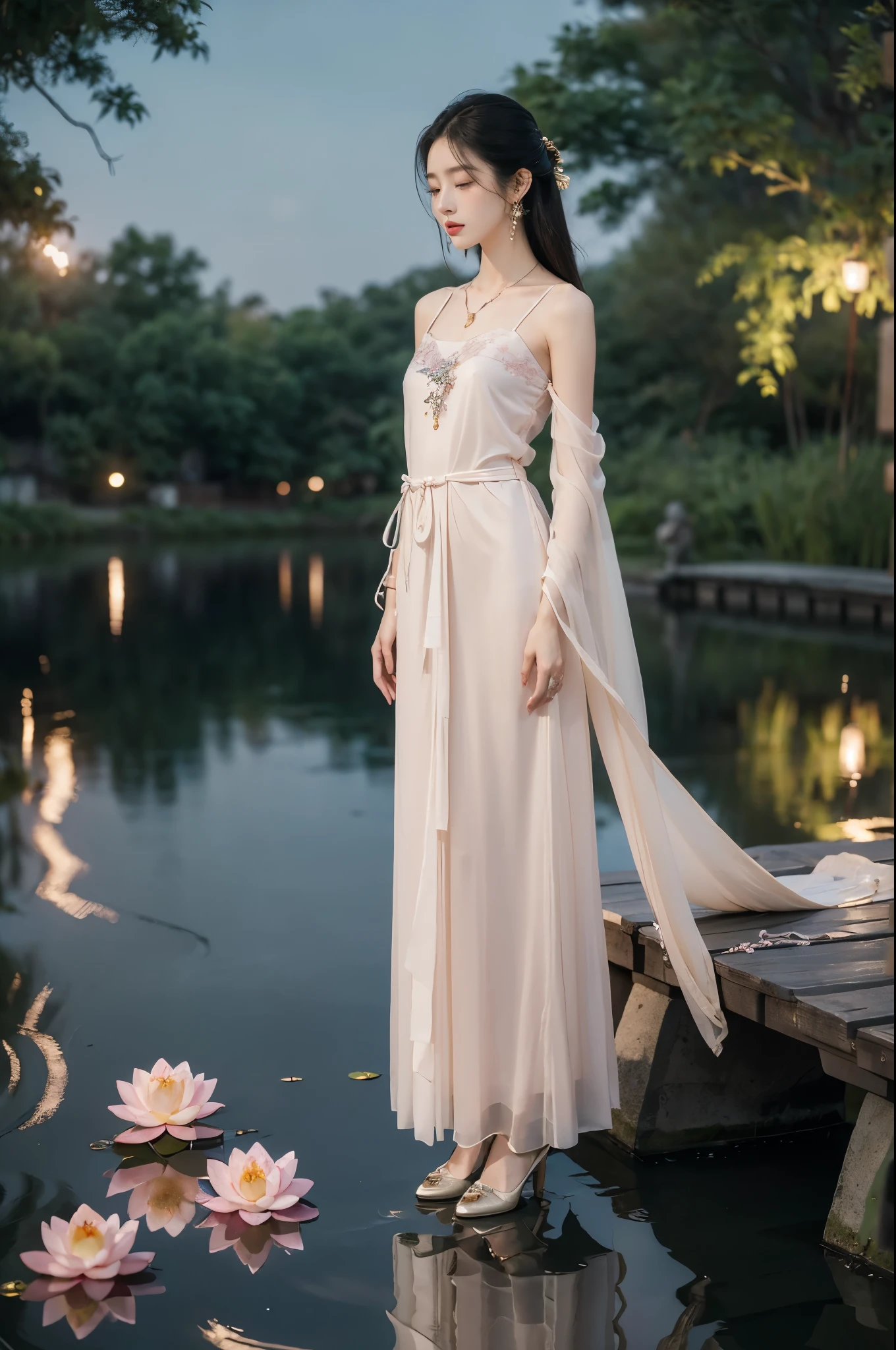 (((best quality))),(((ultra detailed))),(((masterpiece))),illustration,((1 beautiful young  girl,solo)),((slim,thin)),(shoulder length straight hair:1.2),((earrings,necklace)),((small breasts,flat chest)),(see through traditional pink sheer Hanfu dress:1.3),((slender legs,bare legs,loafers)),(beside the lotus pond full of lotus flowers:1.3), serene moonlight, ethereal,floral pattern, water movement, billowing fabric, tranquil,petals, fireflies, magical, light,warm light, dreams, invitation, (standing:1.3),(arms behind back:1.3),gazing, reflection, inner thoughts, emotional, sweet scent, natural beauty, solitude, hypnotic lull, eternal summer,(night scene:1.3), natural world, human spirit, celebration, backdrop, water, glow,((from front,full body))