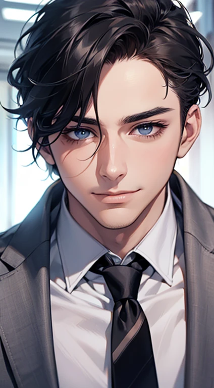 (Highest quality,4K,8K,High resolution,masterpiece:1.2),Super detailed,(Realistic,photoRealistic,photo-Realistic:1.37),1 person,31 years old, Men,Beautiful skin、very handsome,Expressionless,smile,Short gray black hair,blue eyes,Sharp Eyes,A perfect face without a doubt,Businessman,Office Background,Cinema Lighting,HDR image,tie、