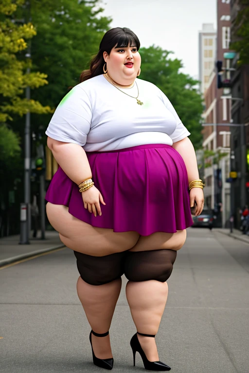 masterpiece, best quality, live action photo, 140kg extremely obese woman, large stomach, H-type miniskirt, high heel, necklace, earring, bracelet