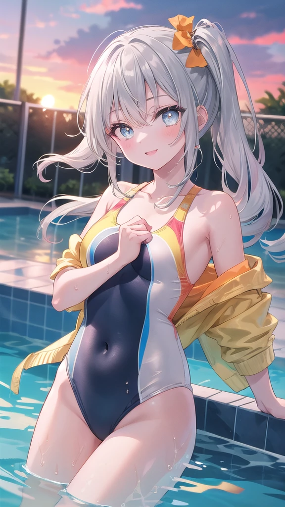 (8k, best quality, master piece: 1.2),super high resolution,1 girl, solo, ((colorshift eyes, hyperdetailed, expressive eyes)), ultra-detailed face, random hair, silver gray color, Ecstatic expression, A girl is playing on a swim ring in a pool where the sunset is reflected on the golden surface of the water, smiling at the camera.  She had silver hair in a side ponytail, an orange one-piece swimsuit, and a yellow swim ring.
