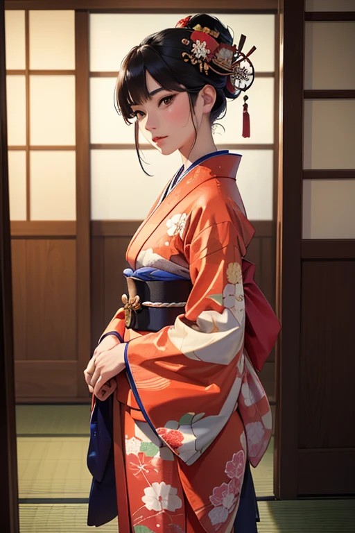(Highest quality,8k,High resolution,masterpiece:1.2),((masterpiece,Highest quality)), 非常に詳細なHigh resolution, ((Body facing forward)),(Highly detailed skin and facial textures:1.3), (Ultra detailed face),(Detailed arms),(Beautiful attention to detail),(Beautiful lip detail),arafed woman In kimono standing in a doorway, wearing a haori, Wearing a kimono, facing forward, wear Kimono, Japanese women, In kimono, Traditional Japanese, In kimono, 皇室のwear Kimono, Wearing a colorful yukata, Japanese Kimono, 虹色のwear Kimono, elegant Japanese women, Portrait of a Japanese girl, Photographic portrait of a geisha, Japanese style