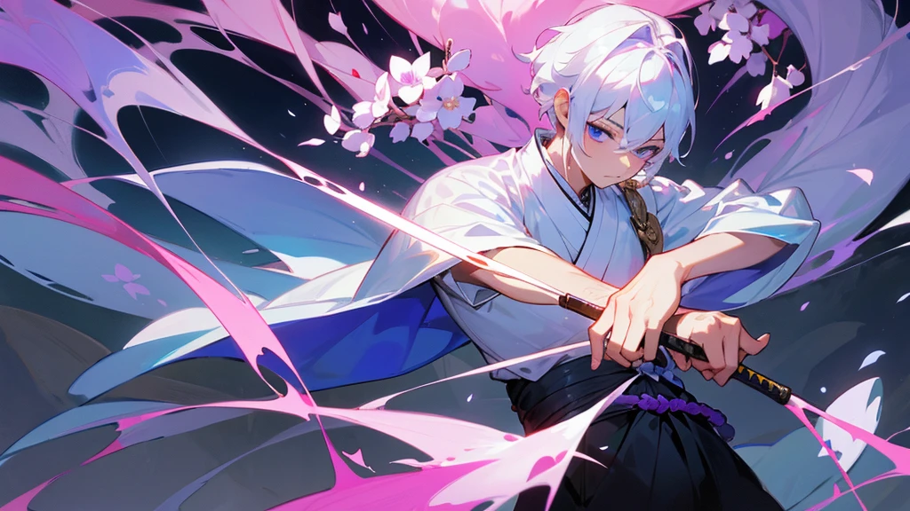 A Chinese boy who has a white hair and holding a sword wearing a white kimono with long long sleeps his kimono has a Persian painting patron and it's shiny behind him is a wall it's like a rock wall half top of the painting is surrounded by white pink purple and light blue flowers like Lily of the Valley and violets and the bottom of the painting there is so many gemstones who are pink purple and light blue the boy has a hair accessory that has a diamond shape gemstone stone that is deep red the boy hold the sword with both hand in the front of him and his pose is kind of like 3.4 of his face showing to us ‏he's har is so long