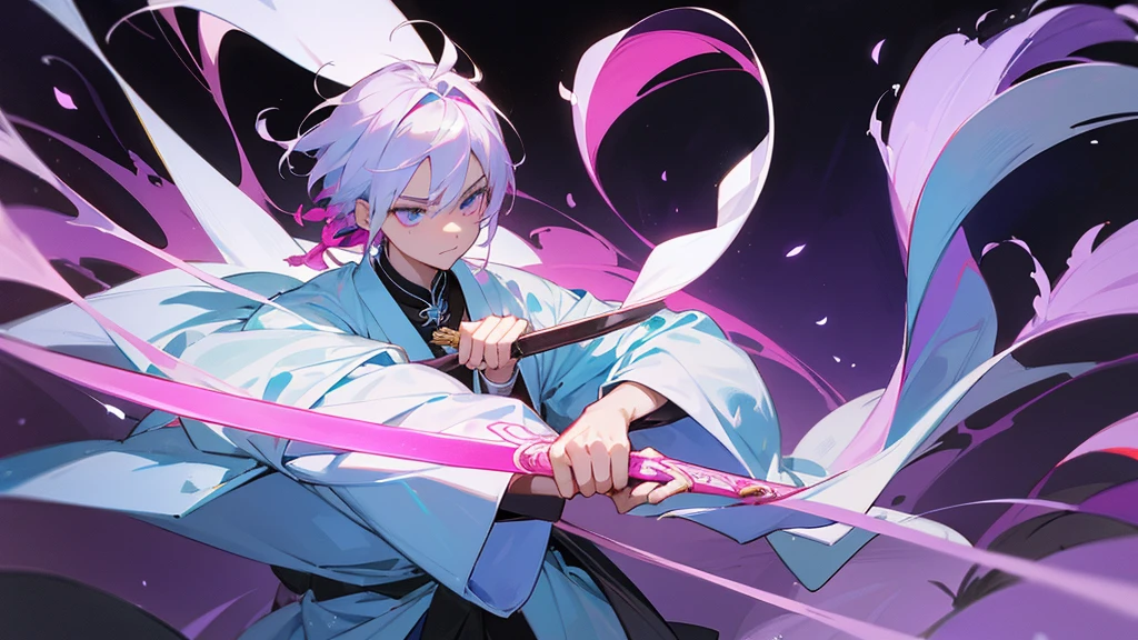 A Chinese boy who has a white hair and holding a sword wearing a white kimono with long long sleeps his kimono has a Persian painting patron and it's shiny behind him is a wall it's like a rock wall half top of the painting is surrounded by white pink purple and light blue flowers like Lily of the Valley and violets and the bottom of the painting there is so many gemstones who are pink purple and light blue the boy has a hair accessory that has a diamond shape gemstone stone that is deep red the boy hold the sword with both hand in the front of him and his pose is kind of like 3.4 of his face showing to us ‏he's har is so long