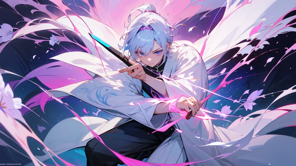 A Chinese boy who has a white hair and holding a sword wearing a white kimono with long long sleeps his kimono has a Persian painting patron and it's shiny behind him is a wall it's like a rock wall half top of the painting is surrounded by white pink purple and light blue flowers like Lily of the Valley and violets and the bottom of the painting there is so many gemstones who are pink purple and light blue the boy has a hair accessory that has a diamond shape gemstone stone that is deep red the boy hold the sword with both hand in the front of him and his pose is kind of like 3.4 of his face showing to us he's har is so long