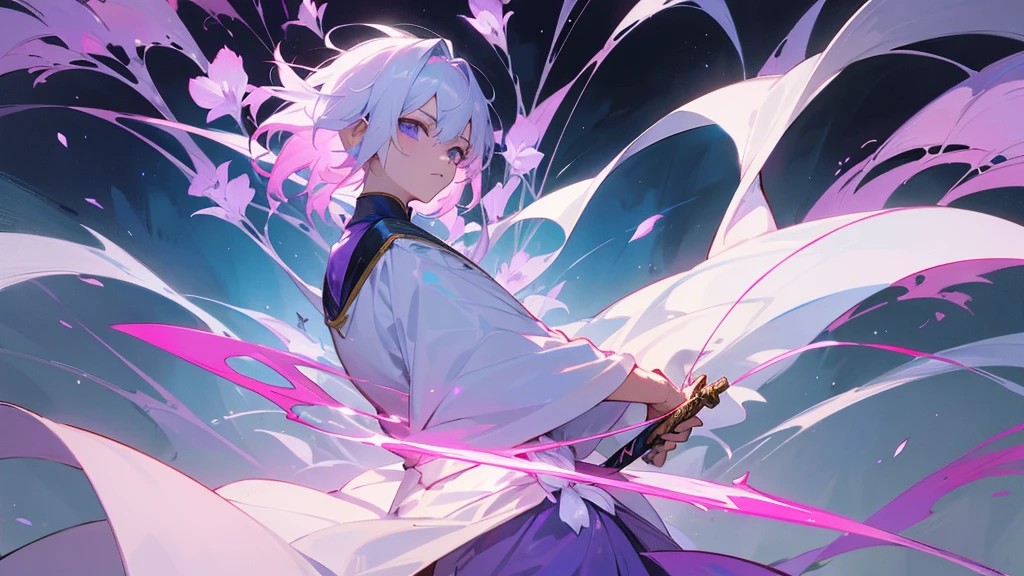 A Chinese boy who has a white hair and holding a sword wearing a white kimono with long long sleeps his kimono has a Persian painting patron and it's shiny behind him is a wall it's like a rock wall half top of the painting is surrounded by white pink purple and light blue flowers like Lily of the Valley and violets and the bottom of the painting there is so many gemstones who are pink purple and light blue the boy has a hair accessory that has a diamond shape gemstone stone that is deep red the boy hold the sword with both hand in the front of him and his pose is kind of like 3.4 of his face showing to us he's har is so long