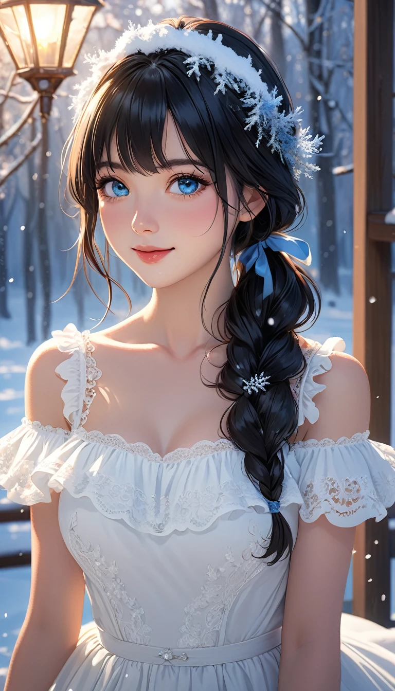 (((masterpiece))),best quality,illustration,4k wallpaper,movie lighting,absurd,1 girl,(snow,ice),in winter,blue eyes,black hair,shiny hair,medium hair,white dress,frills,lace,leave_Shoulder,hair tie,masterpiece,telephoto lens,absurd,Exquisite face,features,natural light,soft light,(Seven-part combination),epic,Dreamy and magical,mystery,shy,smile,