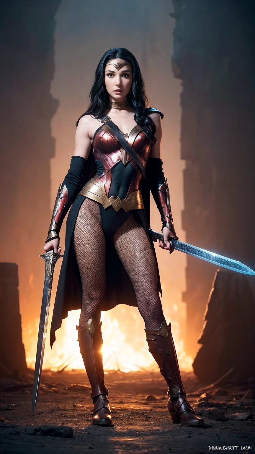 ((photo by full body, standing, Feet on the ground)) a woman dressed as a warrior holding a sword, sexy painting of gal gadot, fishnet pantyhose,, arte de fantasia de tyler edlin, fantasy woman, gal gadot as hell lord, zenoscope, a very beautiful berserker woman, magali villeneuve&#39;, as seen on artgerm, very beautiful barbarian woman, artgerm julie bell beeple, 4k fantasy artwork