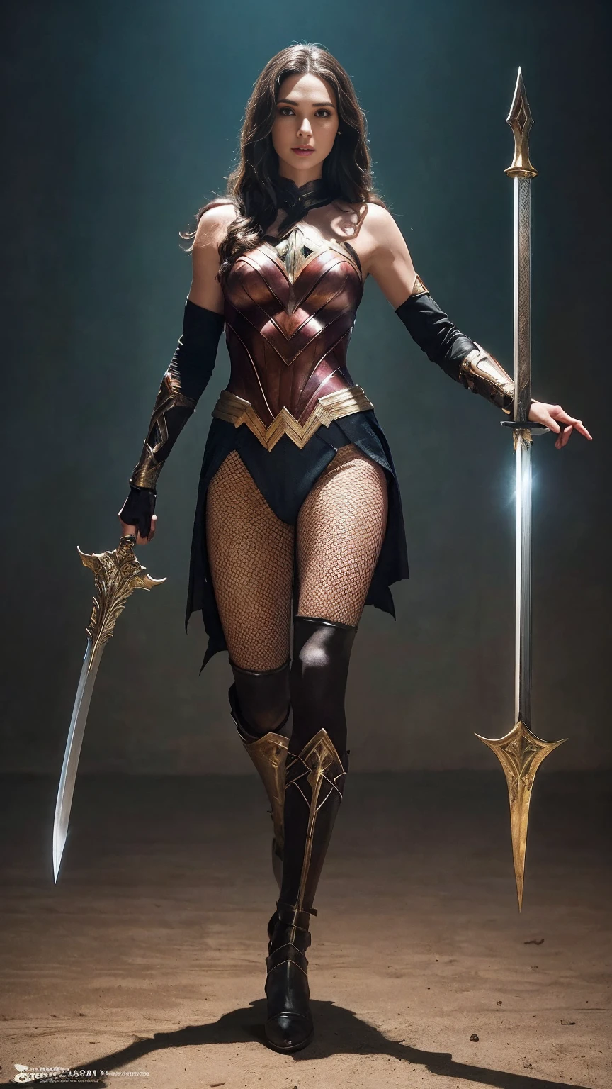 ((photo by full body, standing, Feet on the ground)) a woman dressed as a warrior holding a sword, sexy painting of gal gadot, fishnet pantyhose,, arte de fantasia de tyler edlin, fantasy woman, gal gadot as hell lord, zenoscope, a very beautiful berserker woman, magali villeneuve&#39;, as seen on artgerm, very beautiful barbarian woman, artgerm julie bell beeple, 4k fantasy artwork