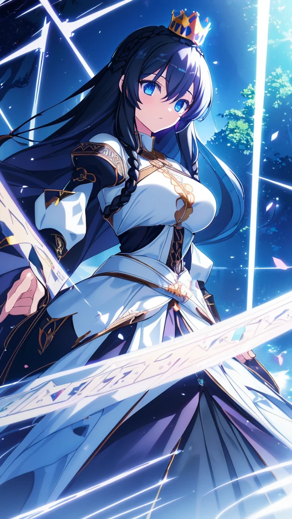 best quality, extremely detailed,anime style girl,long hair down to the waist, straight hair, ((dark black hair with bluish)),((crown braid)),beautiful detailed eyes, pinched eyes, (dark blue eyes),huge breasts,curvy,((((white main princess battle dress)))),clothing with complex patterns,cool expression,((nature)),Sunlight,((Diagonal angle)),dynamic angle