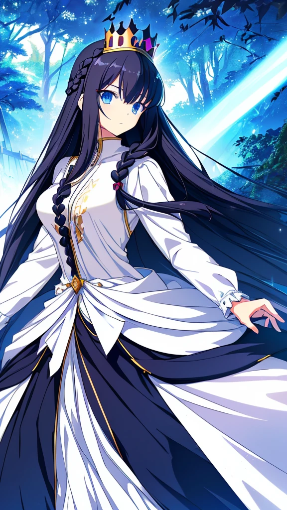 best quality, extremely detailed,anime style girl,long hair down to the waist, straight hair, ((dark black hair with bluish)),((crown braid)),beautiful detailed eyes, pinched eyes, (dark blue eyes),huge breasts,curvy,((((white main princess battle dress)))),clothing with complex patterns,cool expression,((nature)),Sunlight,((Diagonal angle)),dynamic angle