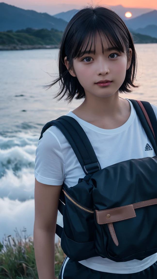 Highest quality, masterpiece, Ultra-high resolution, (Realistic:1.3), RAW Photos, (Nature landscape photography), (Majestic Mountain, sea of clouds), (At the top of a very high mountain), (sunset),
(One Girl), (Upper Body), (20-year-old), (smile:0.9), (Glowing Skin), (short hair, Dark brown hair),
(White T-shirt), (Trekking shorts), (Carry a large backpack on your back),
(Ultra detailed face), (Super beautiful poop), (Highly detailed eyes), (Highly detailed nose), (Highly detailed mouth), (Very skilled hands), (Super-detailed body), Sony a7, 85mm lens, f9.0, Pan Focus