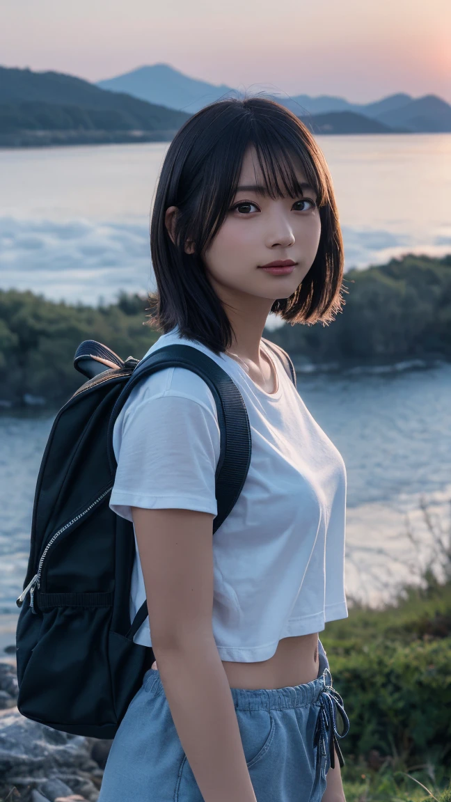 Highest quality, masterpiece, Ultra-high resolution, (Realistic:1.3), RAW Photos, (Nature landscape photography), (Majestic Mountain, sea of clouds), (At the top of a very high mountain), (sunset),
(One Girl), (Upper Body), (20-year-old), (smile:0.9), (Glowing Skin), (short hair, Dark brown hair),
(White T-shirt), (Trekking shorts), (Carry a large backpack on your back),
(Ultra detailed face), (Super beautiful poop), (Highly detailed eyes), (Highly detailed nose), (Highly detailed mouth), (Very skilled hands), (Super-detailed body), Sony a7, 85mm lens, f9.0, Pan Focus