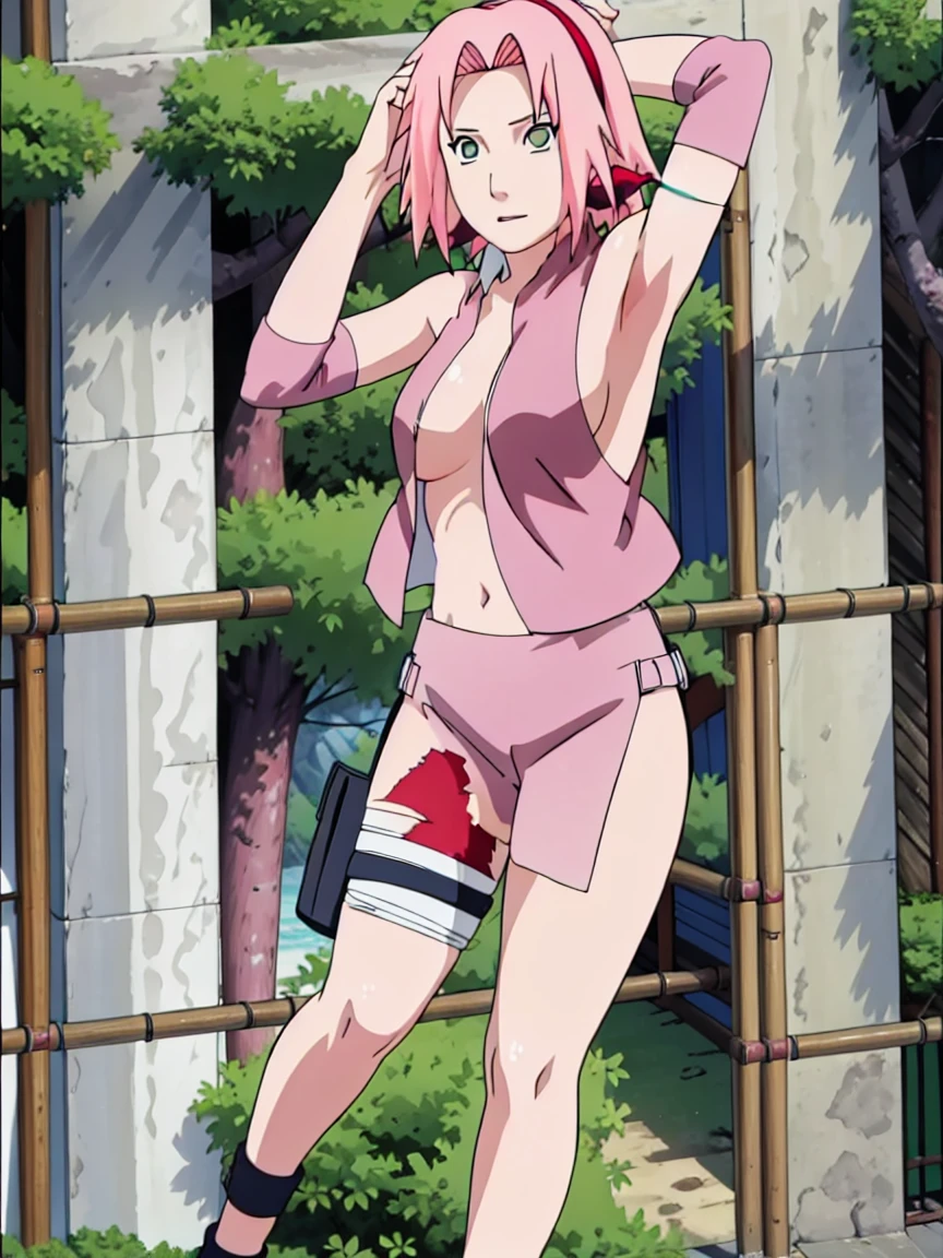 Sakura Haruno nude,wide hips,abdomen,sexy ,Show your armpits,jump,On the tree,IPST,(( naked,Torn shirt,full body,sleep, In the forest,open shirt,nipple))