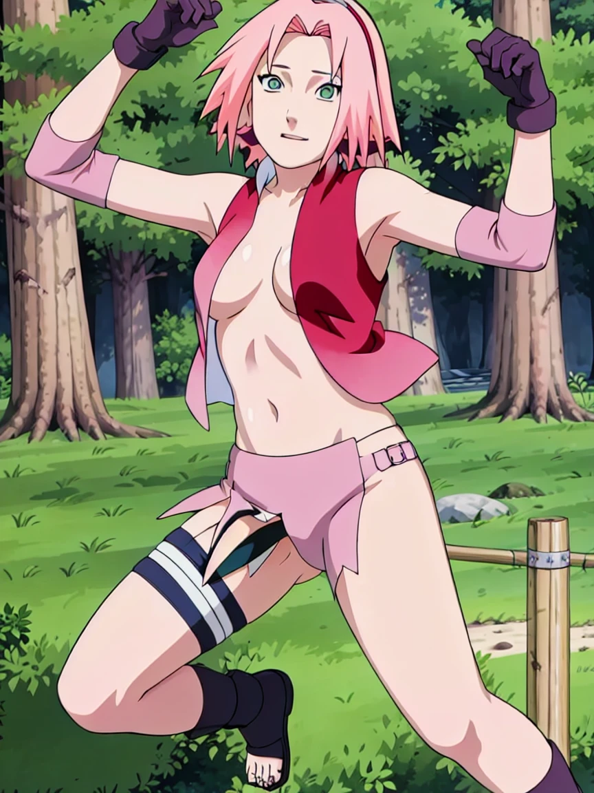 Sakura Haruno nude,wide hips,abdomen,sexy ,Show your armpits,jump,On the tree,NSTDA.(( naked,Torn shirt,full body,sleep, In the forest,open shirt,nipple)), ((blushing, sexually aroused ,fight, touch))