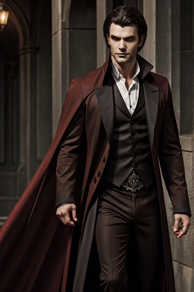 Create a medium-haired male vampire count with red eyes with dark-toned clothing, a brown hair color, and a bat-wing accessory.