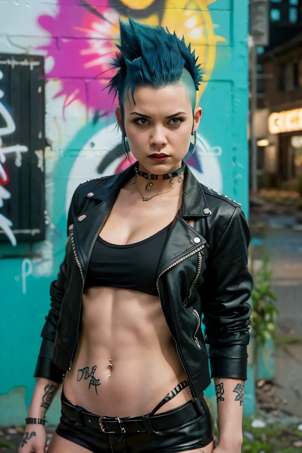 (work of art, best qualityer:1.2), 1 girl ,intrincately detailed, "Punk Girl", in dynamic pose, ((mohawk hair, BLUE punk hair, angry face, wearing a black jacket, Rocket style, tattooed , hot body, abs)) . Shallow depth of field, vignette, highy detailed, high budget, bokeh, cinemascope, temperamental, epic, marvelous, film grain, grainy. ((Abandoned grafitti wall background)).