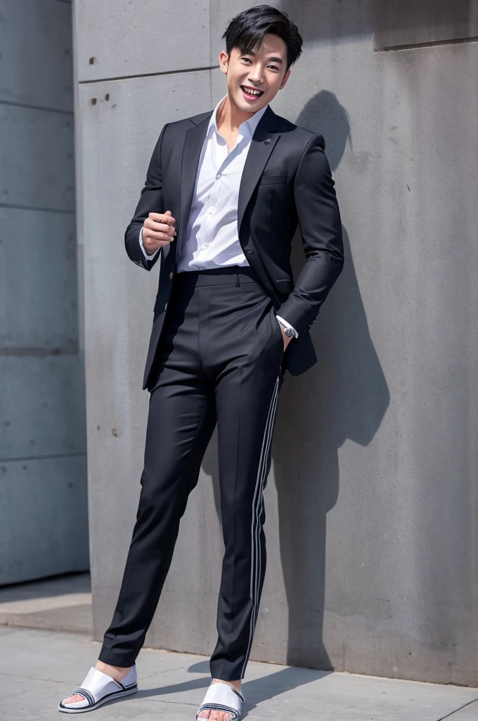 Handsome Asian man in suit，Bulge in the crotch of pants，Raise your feet without shoes and wear black reflective stripes，Sticking out tongue and showing excitement