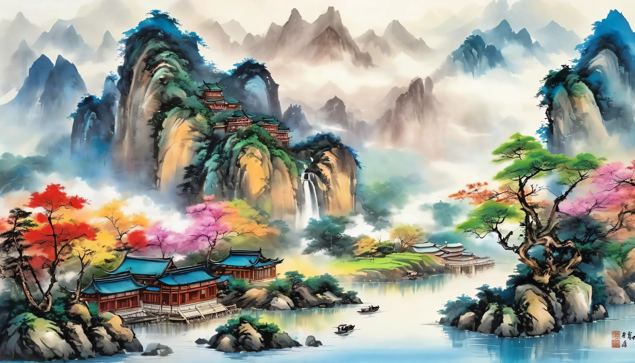 Highest quality,8K,Ultra Clear,Kimman.and,  river，There is a boat in the water，There is an island on top of the mountain, Ink Painting, Chinese style, 