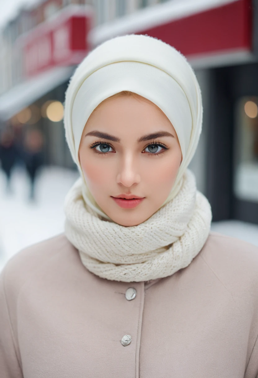 professional portrait photograph of a gorgeous Norwegian girl in winter clothing with hijab, sultry flirty look, gorgeous symmetrical face, cute natural makeup, wearing elegant warm winter fashion clothing, ((standing outside in snowy city street)), stunning modern urban environment, ultra realistic, concept art, elegant, highly detailed, intricate, sharp focus, depth of field, f/1. 8, 85mm, medium shot, mid shot, (((professionally color graded))), bright soft diffused light, (volumetric fog), trending on instagram, hdr 4k, 8k