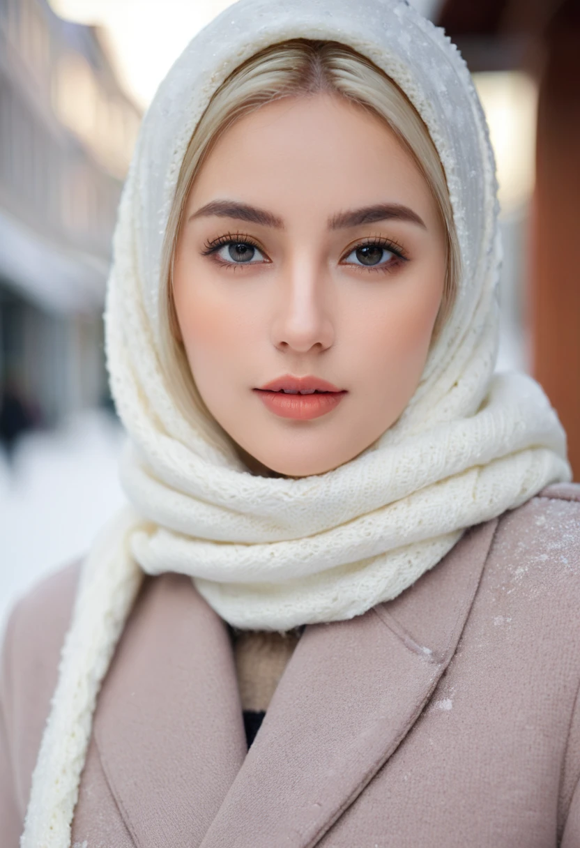 professional portrait photograph of a gorgeous Norwegian girl in winter clothing with hijab, sultry flirty look, gorgeous symmetrical face, cute natural makeup, wearing elegant warm winter fashion clothing, ((standing outside in snowy city street)), stunning modern urban environment, ultra realistic, concept art, elegant, highly detailed, intricate, sharp focus, depth of field, f/1. 8, 85mm, medium shot, mid shot, (((professionally color graded))), bright soft diffused light, (volumetric fog), trending on instagram, hdr 4k, 8k