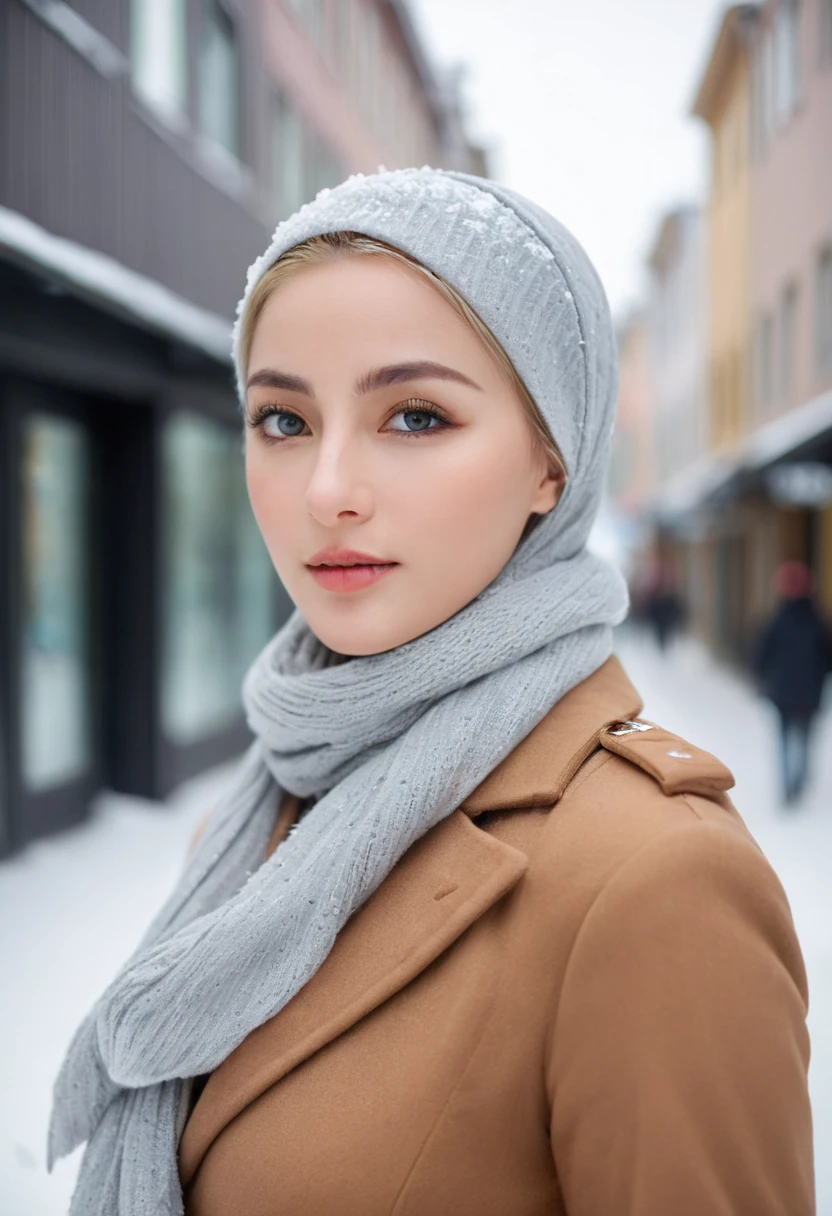 professional portrait photograph of a gorgeous Norwegian girl in winter clothing with hijab, sultry flirty look, gorgeous symmetrical face, cute natural makeup, wearing elegant warm winter fashion clothing, ((standing outside in snowy city street)), stunning modern urban environment, ultra realistic, concept art, elegant, highly detailed, intricate, sharp focus, depth of field, f/1. 8, 85mm, medium shot, mid shot, (((professionally color graded))), bright soft diffused light, (volumetric fog), trending on instagram, hdr 4k, 8k