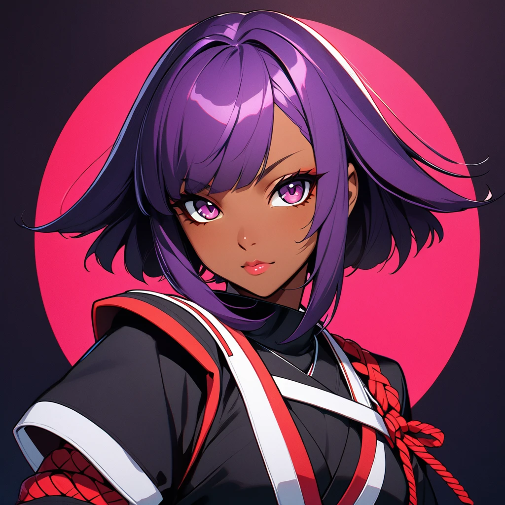 anime girl with purple hair, kunoichi, ninja, character design, dark skinned, posing, a character portrait by Ilya Kuvshinov, pixiv contest winner, shin hanga, Yoruichi