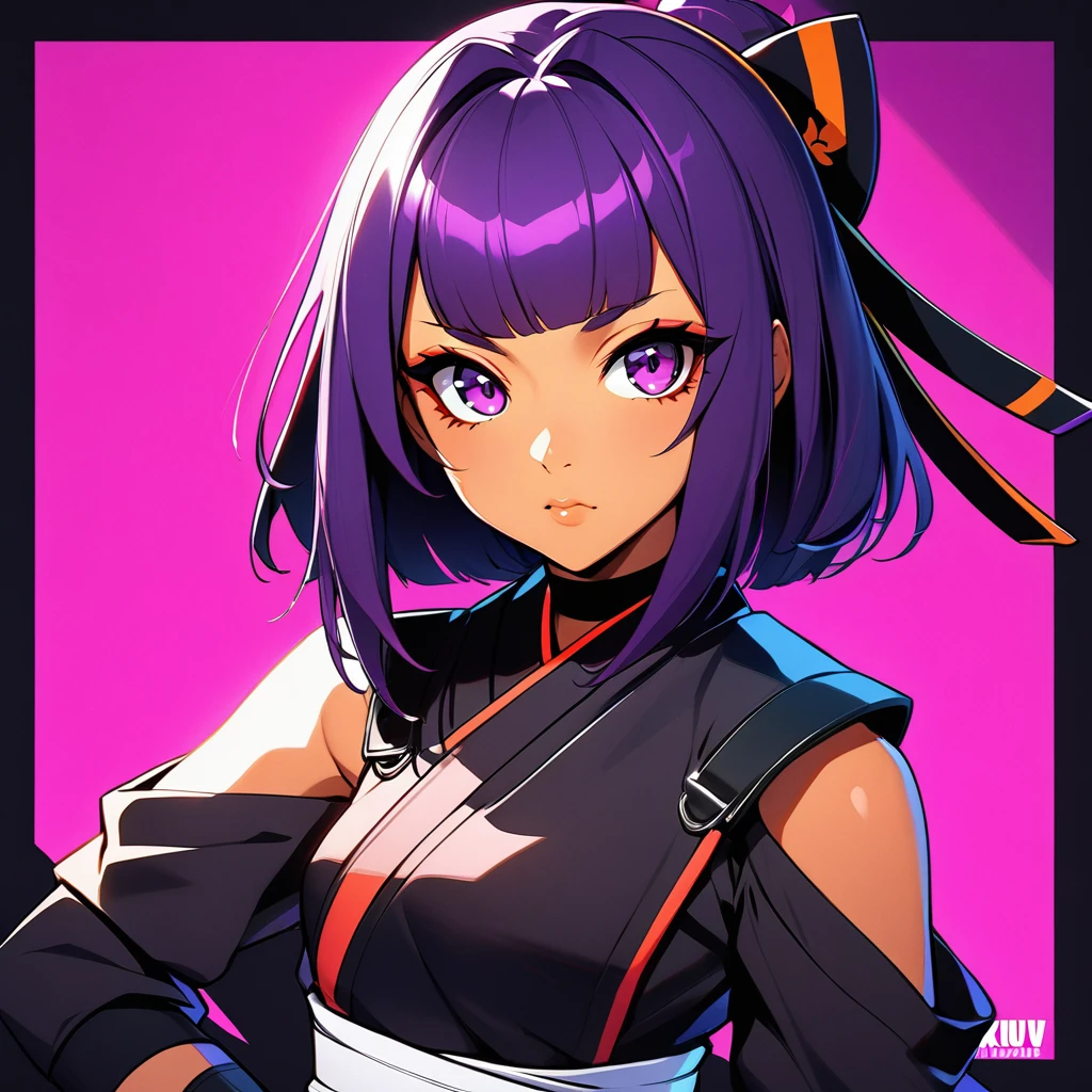 anime girl with purple hair, kunoichi, ninja, character design, dark skinned, posing, a character portrait by Ilya Kuvshinov, pixiv contest winner, shin hanga, Yoruichi