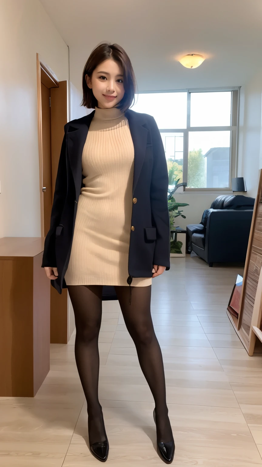 Realistic female college student wearing a cashmere knit dress、short hair、 (Wearing ultra-realistic pantyhose)、Thighs Thighs Thighs Thighs、