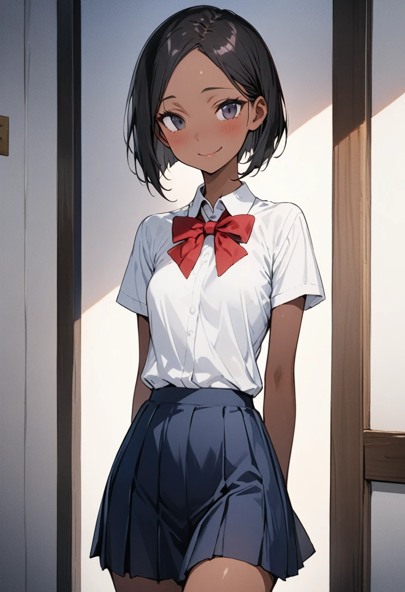 ((masterpiece,Highest quality:1.3,best quality illustration)),cowboy shot,独奏,1woman,18 year old beautiful girl、black hair,short bob hair,(center parted bangs),black eyes,(gorgeous eyes),shy,smile,((Slender,skinny)),(tan skin),small breasts,(Collared short-sleeved shirt、red bowtie,Navy blue pleated mini skirt),gleaming skin,oily skin,Slender body, Simple bedroom、Tokyo、